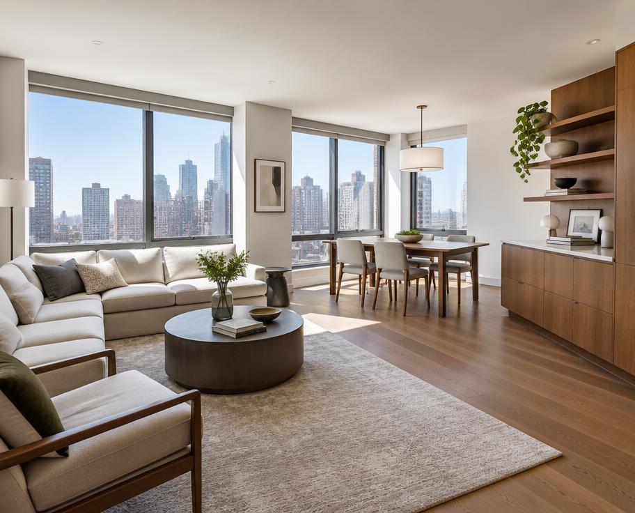 Sala de un apartamento contemporáneo con vista a la ciudad